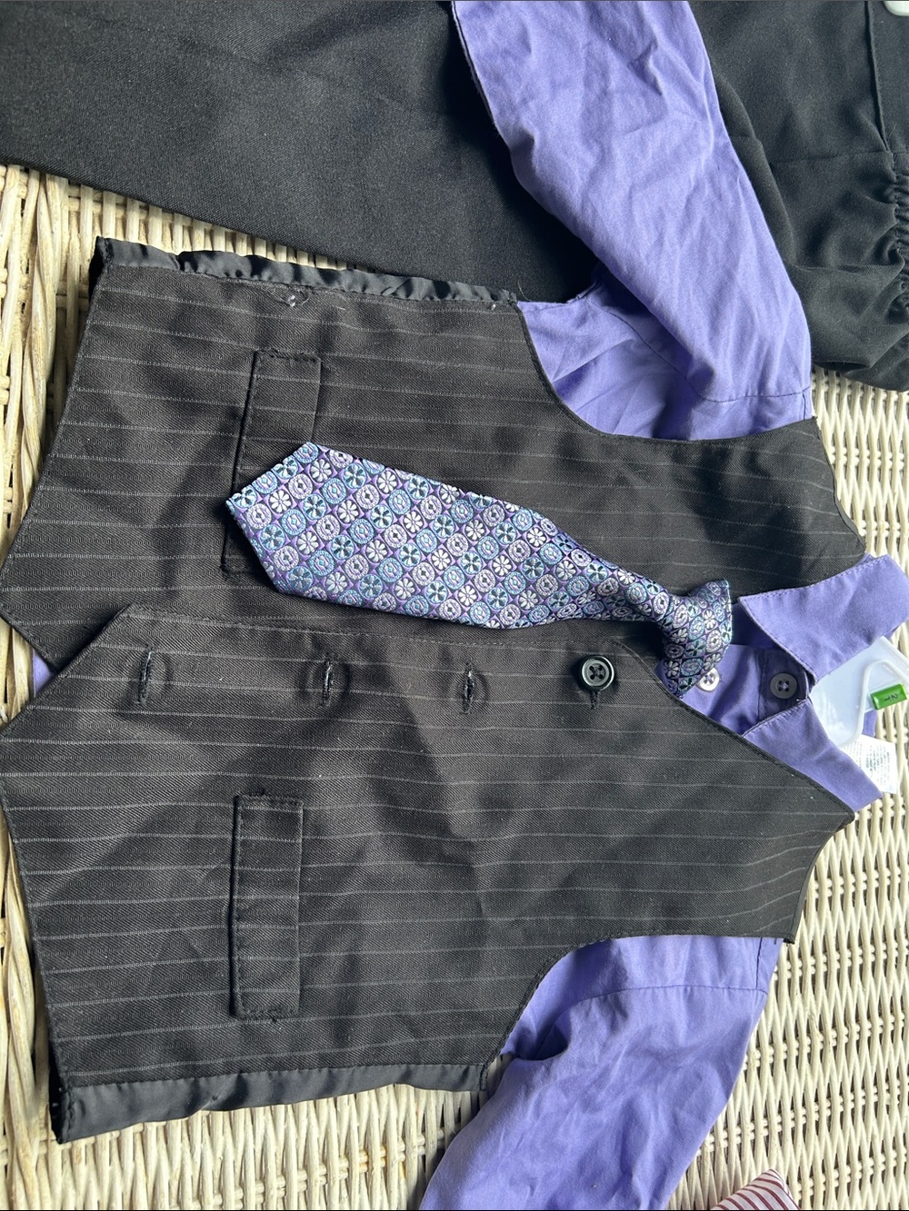 Boys Black Pinstripe Vest with Purple Shirt and Patterned Tie and dress pants